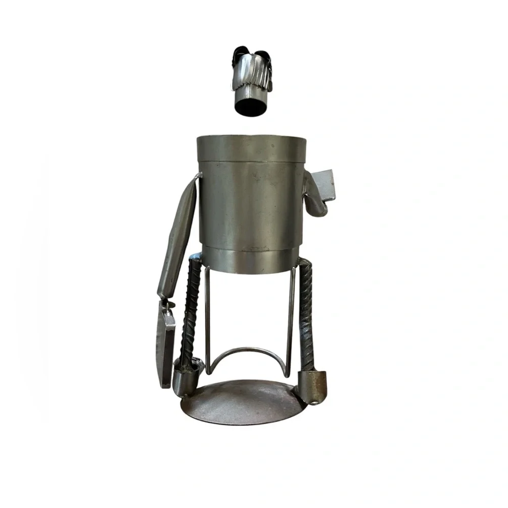 Businessman Wine Bottle Holder Metal Sculpture Laptop Technology Industrial ‘90s